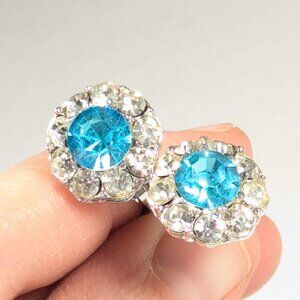 Blue and white rhinestone round clip earrings, Daisy Halo cluster earrings